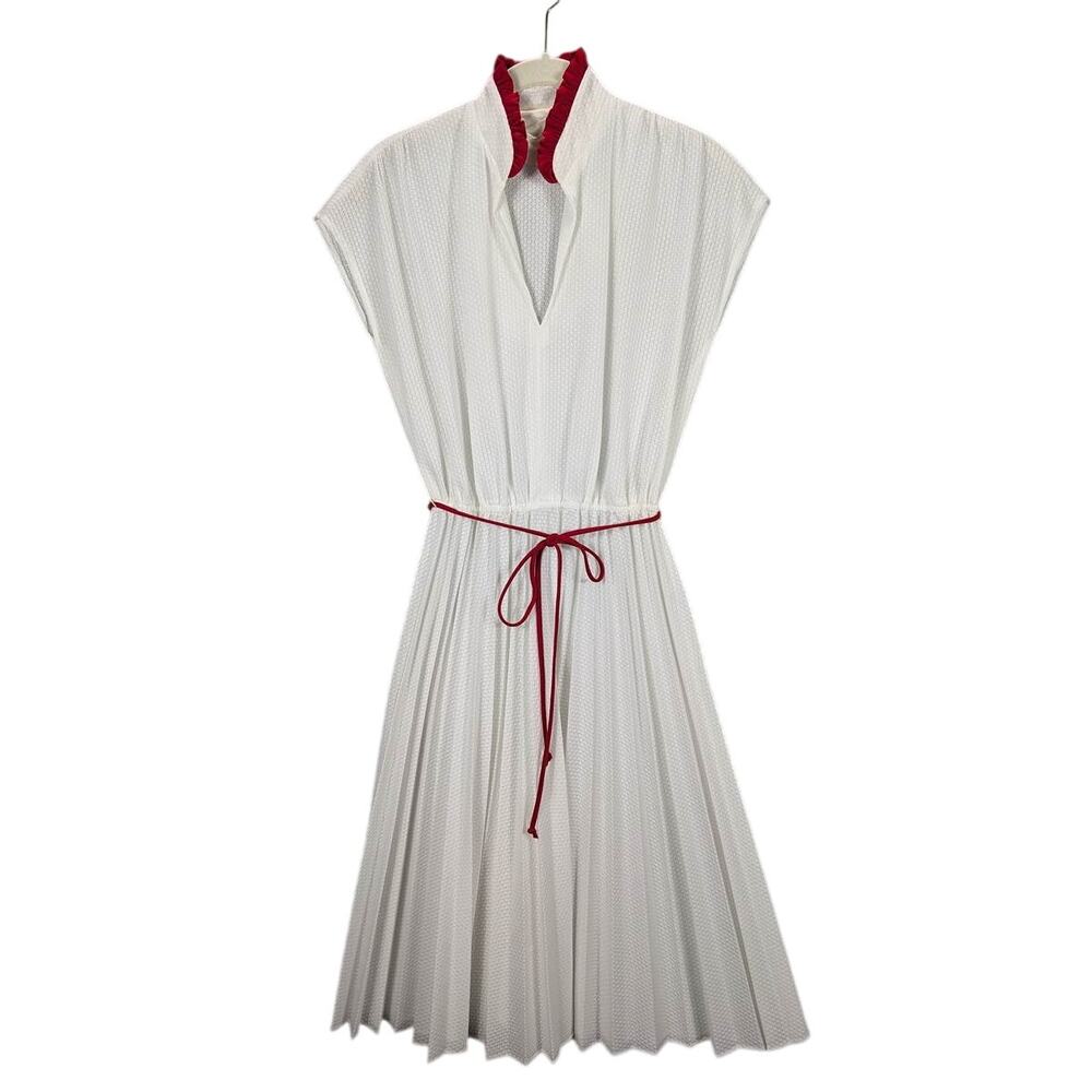 Vintage Dress Small White Knee Length Sleeveless Red Ruffle Belt Pleated Skirt